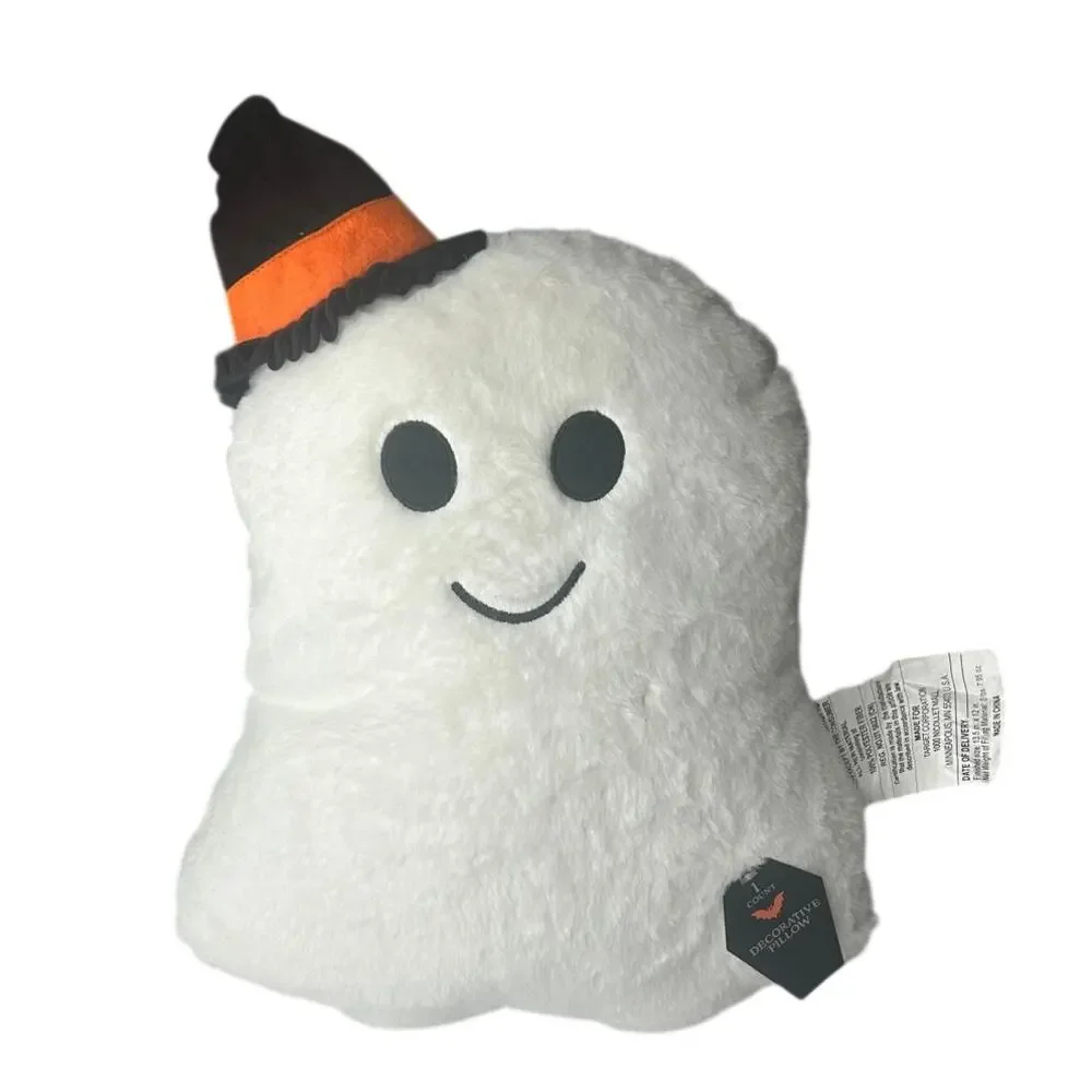 NWT White Ghost pillow sm orange and blk witch hat and smiling face 11x15